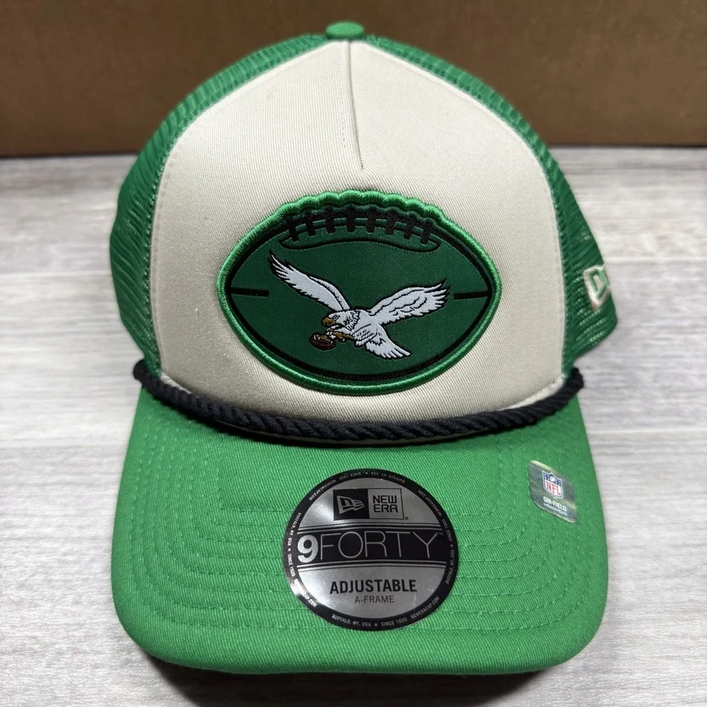 Men's New Era Stone/Kelly Green Philadelphia Eagles 9FORTY A-Frame Trucker Hat